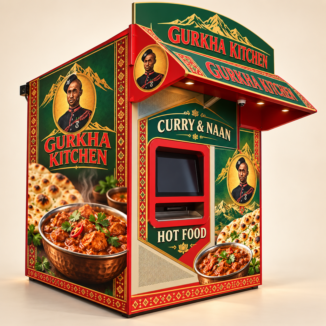 Gurkha Kitchen hot food station concept with red, green and gold branding, curry and naan imagery