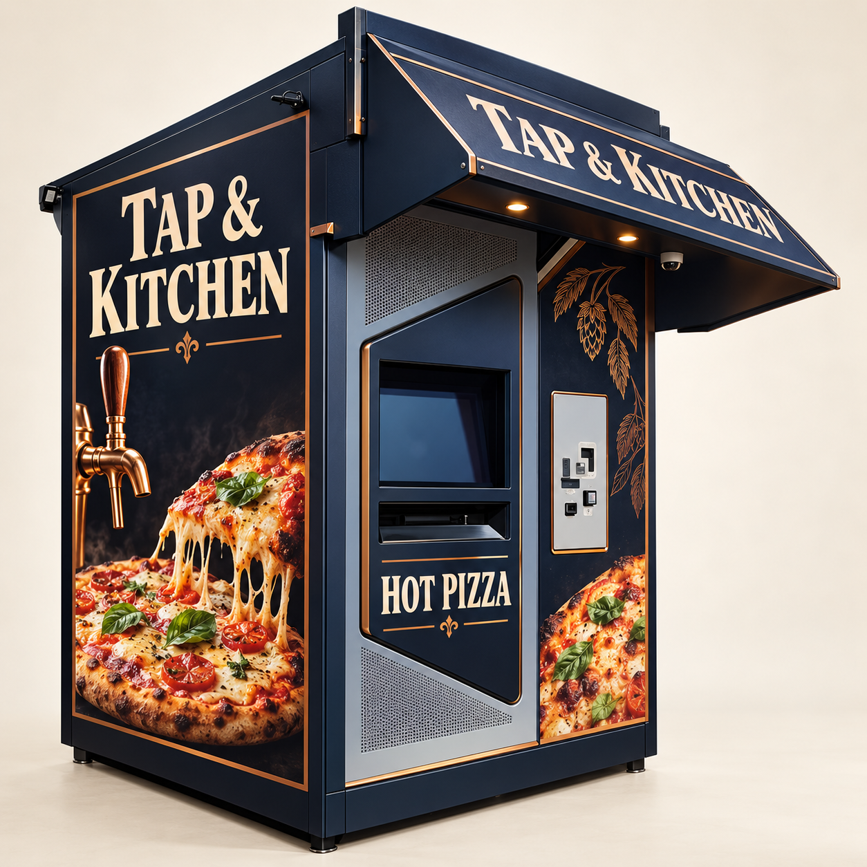 Illustrative Tap and Kitchen pizza vending machine in charcoal, cream and brass branding